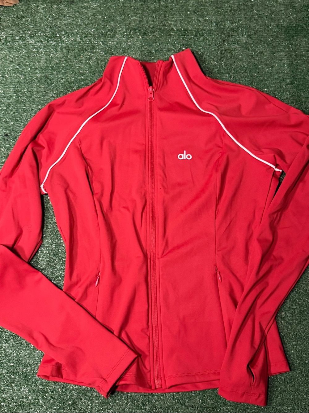 ALO Yoga Women’s Bright Red Zip-Up Bomber Jacket with White Piping